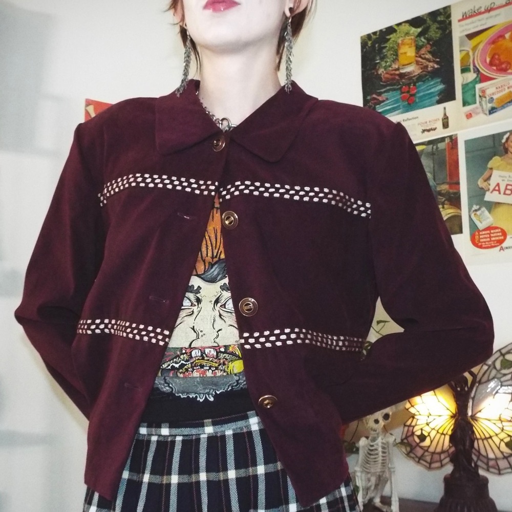 Adorable burgundy & cream faux suede leather blazer jacket